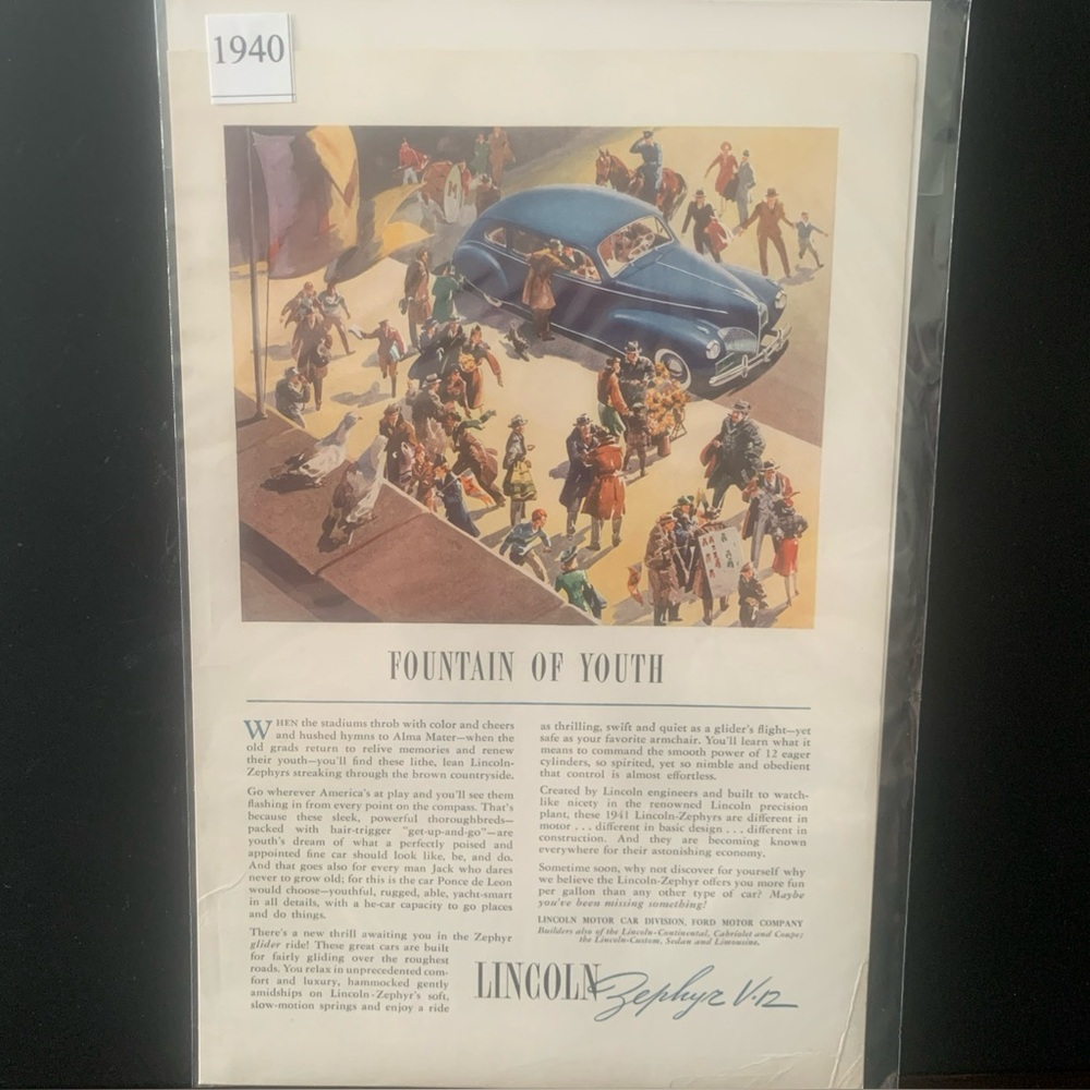 Vintage 1940 Lincoln Zephyr V12 Fountain of Youth Ad Advertisement